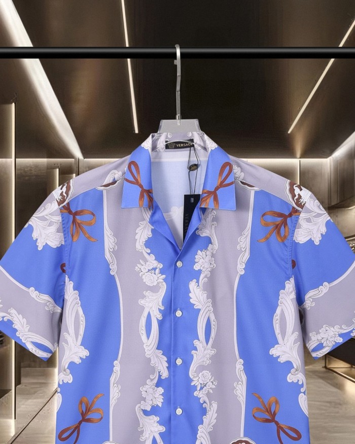 All Over Golden Scroll Bowknot Cameo Medusa Print Cuban Collar Vacation Shirt 2 colors 29139991