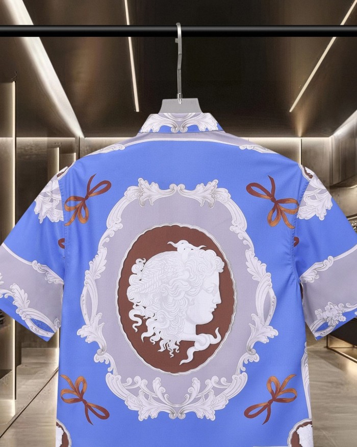 All Over Golden Scroll Bowknot Cameo Medusa Print Cuban Collar Vacation Shirt 2 colors 29139991