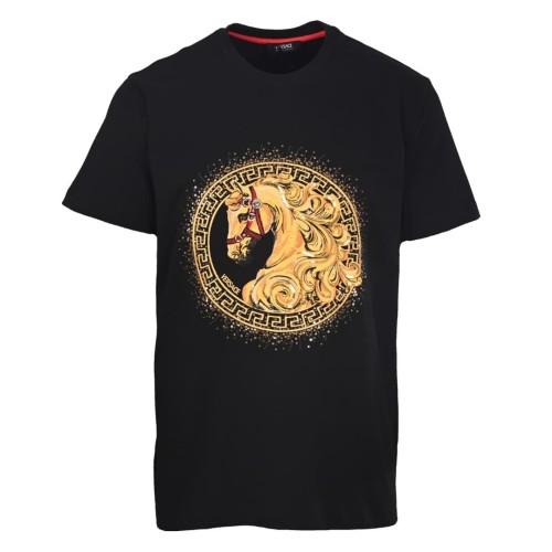 Luxury Equestrian Style Golden Horse Portrait Greca Circle Rhinestone Sparkle Print T-shirt 29140041