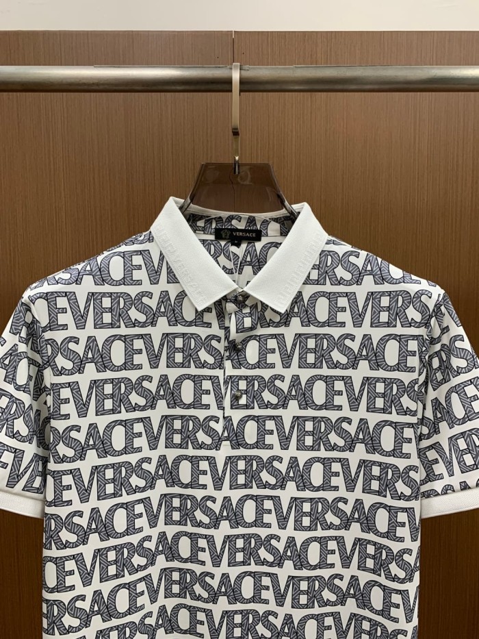 1:1 quality versionLuxury All Over Thin Line Versace Letter Repeat Print Pique Polo Shirt 2 colors 29143801