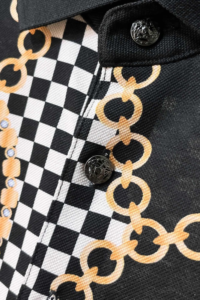 1:1 quality version Black White Checkerboard Gold Chain Greca Circle Medusa All Over Print Polo Shirt 29143769