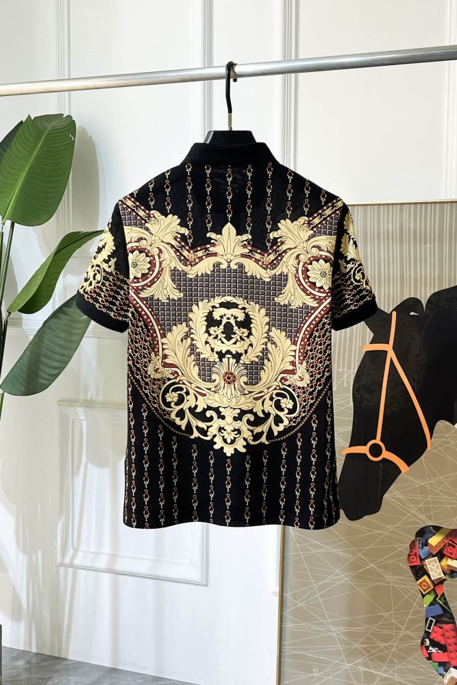 1:1 quality version  Chain Scroll Floral Central Medusa Full Print Black Lapel Men's Polo Shirt 29143767