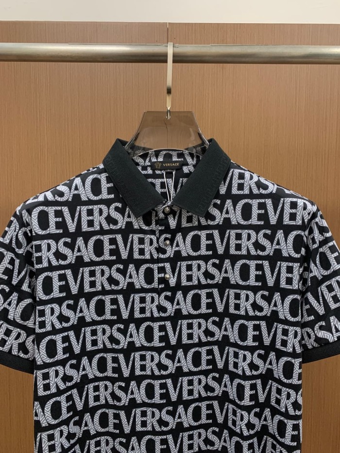 1:1 quality versionLuxury All Over Thin Line Versace Letter Repeat Print Pique Polo Shirt 2 colors 29143801