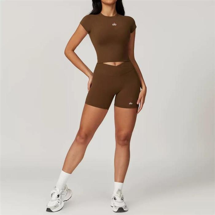 Back Cutout Fitted Top Cross High Waist Shorts Yoga Set 5 colors 29201426