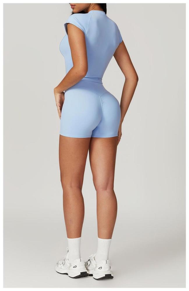 Back Cutout Fitted Top Cross High Waist Shorts Yoga Set 5 colors 29201426