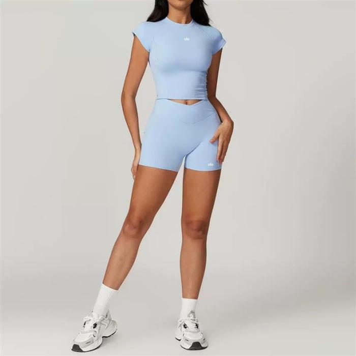 Back Cutout Fitted Top Cross High Waist Shorts Yoga Set 5 colors 29201426