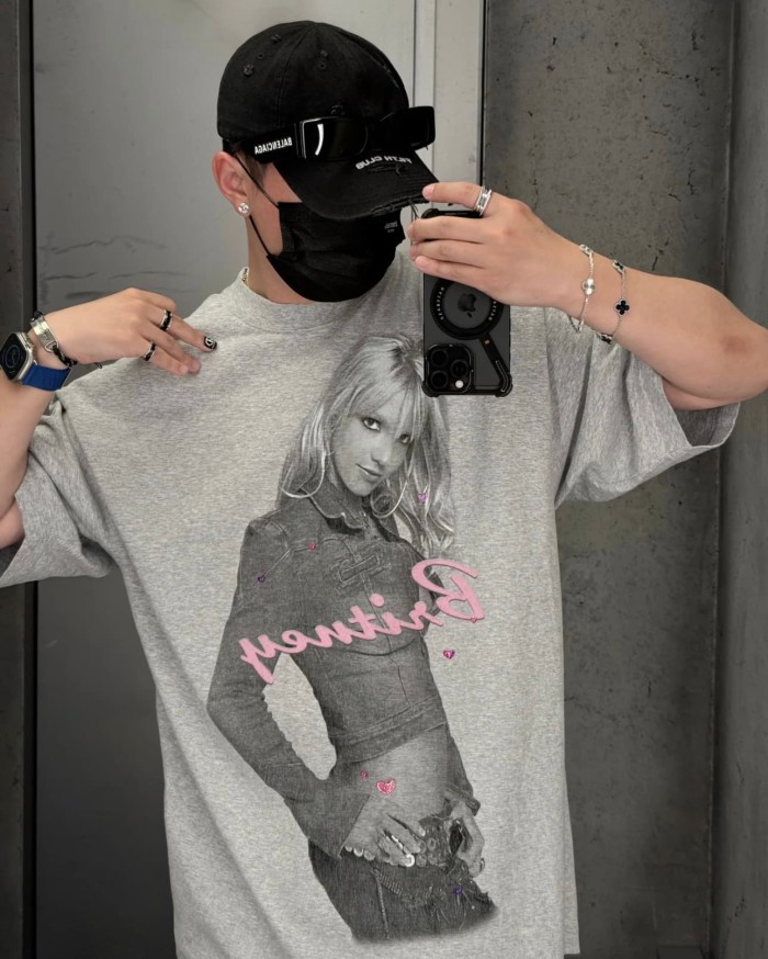 1:1 quality version Hot Girl Style Britney Gray Printed Washed Tee 29222331