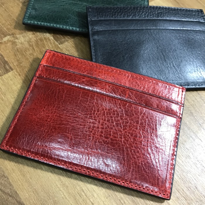 1:1 quality version Cow Leather Curved Metal Bar Logo Slim Double Slot Credit Card Wallet 3 colors 29222385
