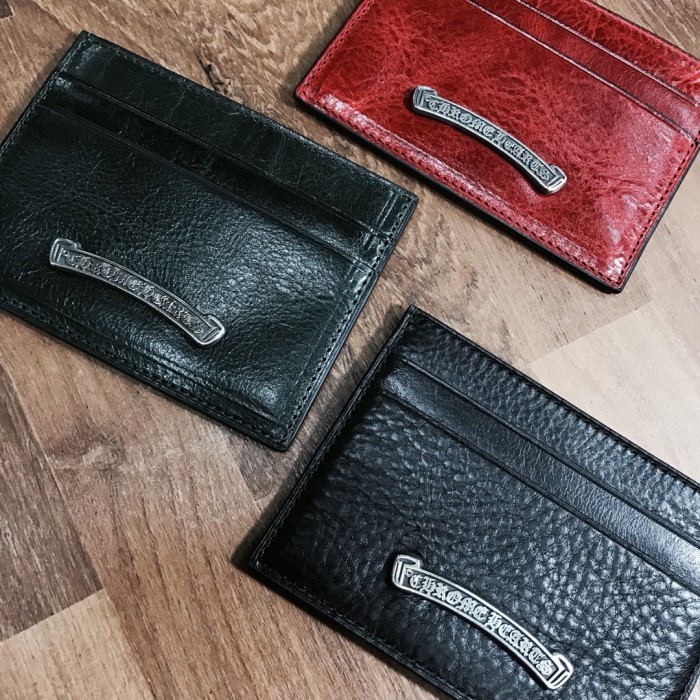 1:1 quality version Cow Leather Curved Metal Bar Logo Slim Double Slot Credit Card Wallet 3 colors 29222385