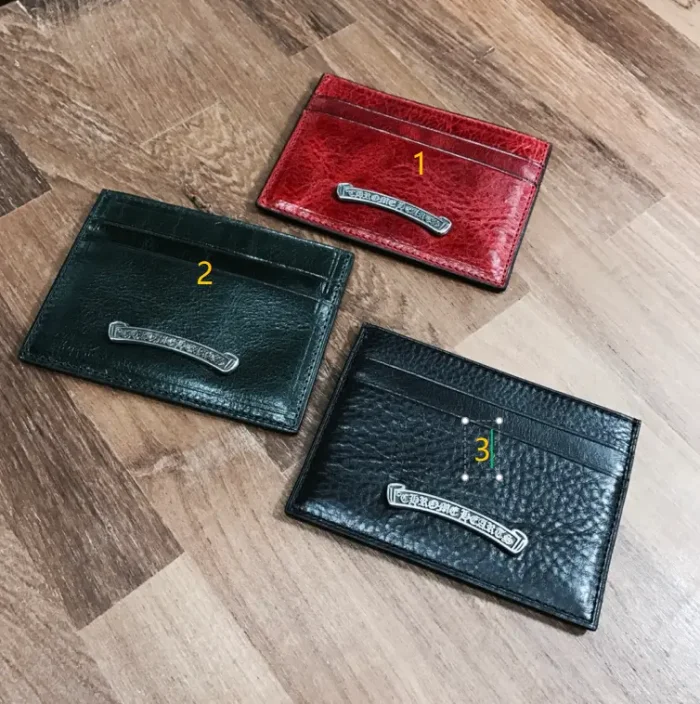 1:1 quality version Cow Leather Curved Metal Bar Logo Slim Double Slot Credit Card Wallet 3 colors 29222385