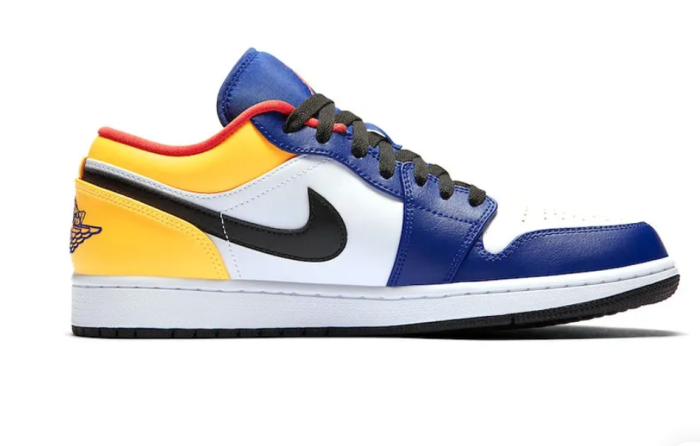 [plus-size shoes] Air @j1 Low Lakers Inspired Royal Blue Yellow White Panel Design Low Top Leather Sneakers 29225154