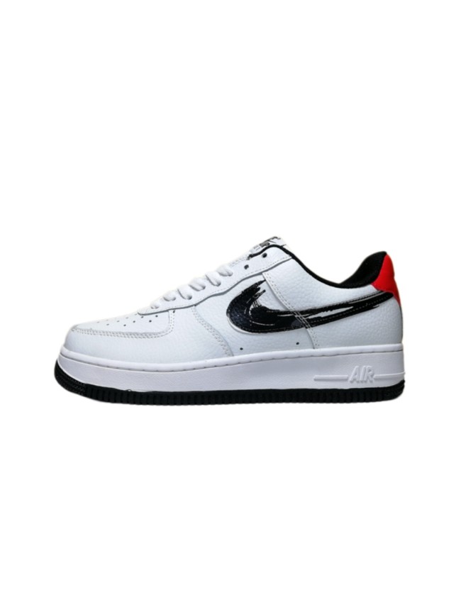 Air Force 1 Low White Black Brush Stroke Swoosh Red Heel Retro Leather Sneakers 29225539