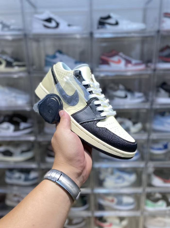[plus-size shoes] Air @j1 Low Cracked Toe Woven Collar Two Tone Black Beige Contrast Sneakers 29225228