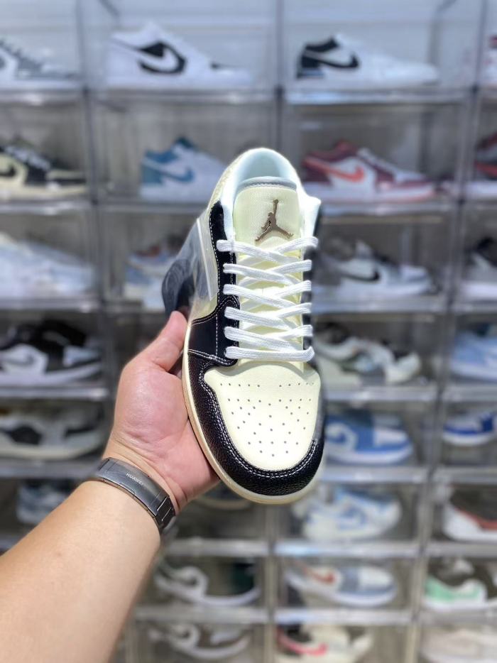 [plus-size shoes] Air @j1 Low Cracked Toe Woven Collar Two Tone Black Beige Contrast Sneakers 29225228
