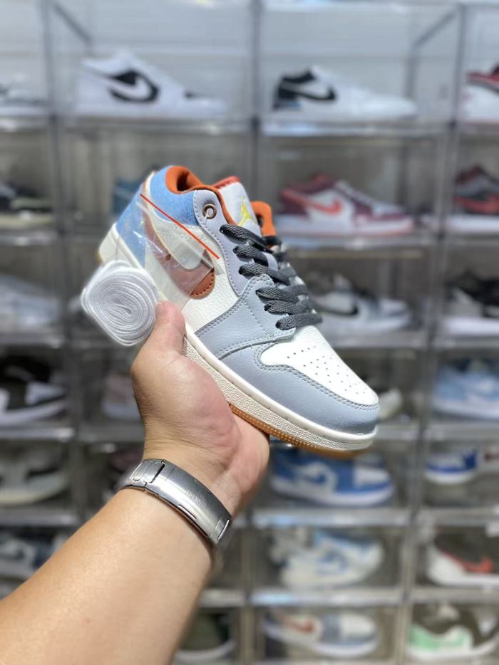 [plus-size shoes] Air @j1 Low SE Light Blue White Brown Denim Patchwork Vintage Retro Sneakers 29225193