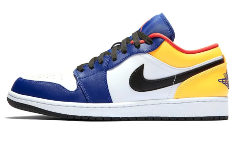 [plus-size shoes] Air @j1 Low Lakers Inspired Royal Blue Yellow White Panel Design Low Top Leather Sneakers 29225154