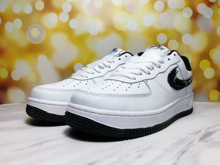 Air Force 1 Low White Black Brush Stroke Swoosh Red Heel Retro Leather Sneakers 29225539