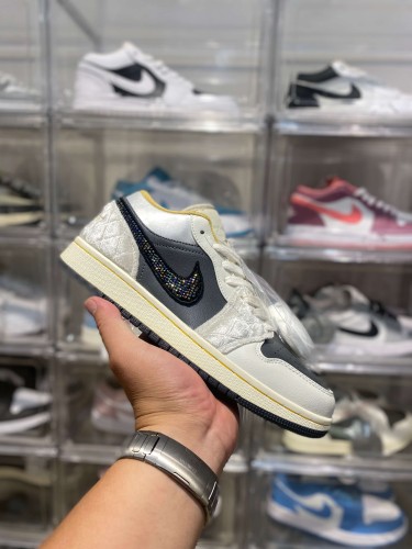 [plus-size shoes] Air @j1 Low SE Black Off White Satin Quilted Panel Rhinestone Swoosh Leather Sneakers 29225186