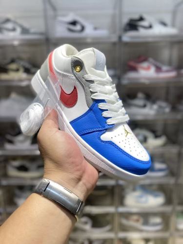 [plus-size shoes] Air @j1 Mid White Blue Red Grey Multi Color Block Contrast Basketball Shoes 29225296
