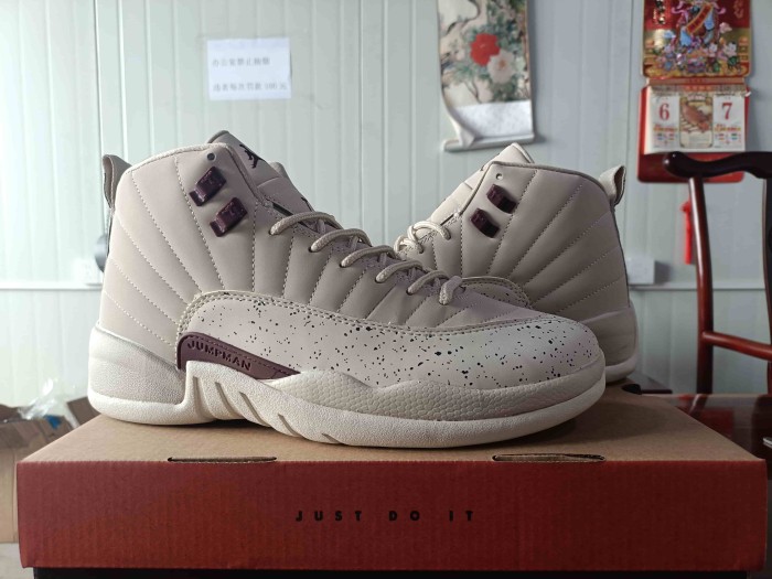 [plus-size shoes] Air @j12 Retro Off White Burgundy Speckled Print Leather Shock Absorbing High Top Basketball Shoes 29284102