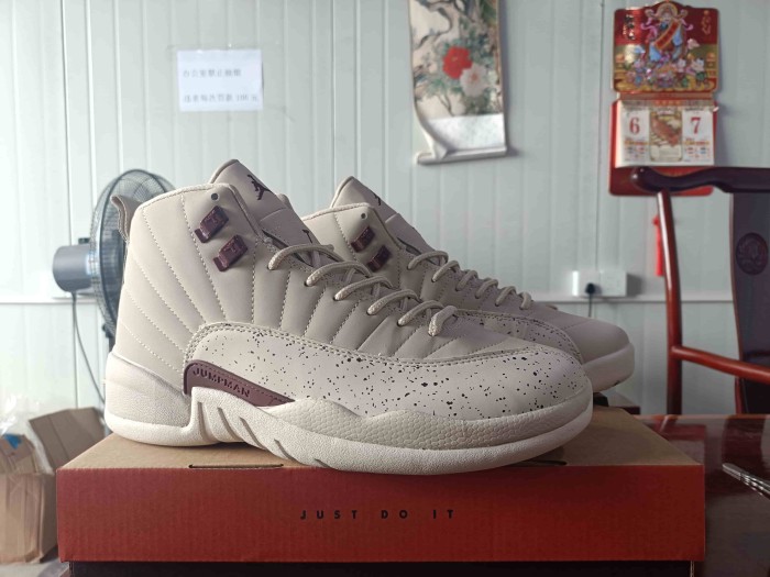 [plus-size shoes] Air @j12 Retro Off White Burgundy Speckled Print Leather Shock Absorbing High Top Basketball Shoes 29284102