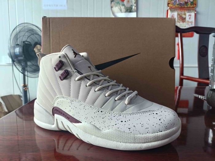 [plus-size shoes] Air @j12 Retro Off White Burgundy Speckled Print Leather Shock Absorbing High Top Basketball Shoes 29284102