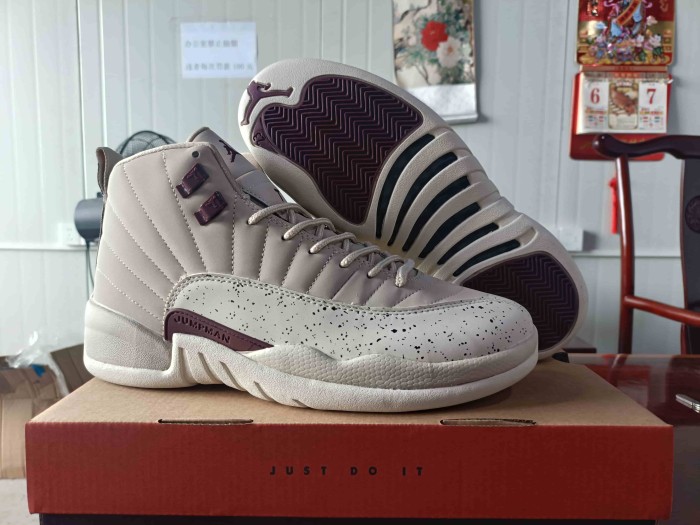[plus-size shoes] Air @j12 Retro Off White Burgundy Speckled Print Leather Shock Absorbing High Top Basketball Shoes 29284102