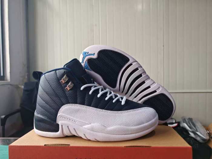 [plus-size shoes] Air @j12 Retro Navy Obsidian White Genuine Leather Shock Absorbing High Top Basketball Shoes 29284089
