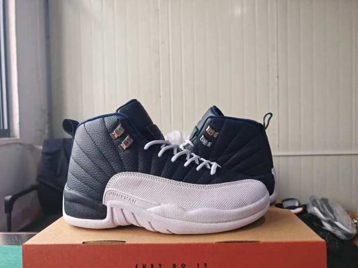 [plus-size shoes] Air @j12 Retro Navy Obsidian White Genuine Leather Shock Absorbing High Top Basketball Shoes 29284089