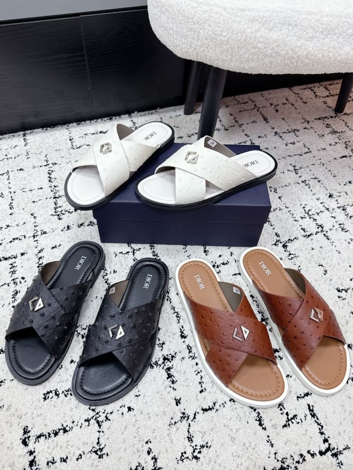 [Plus-size shoes]1:1 quality version Ostrich Grain Leather Cross Strap Metal Decor Slide Sandals 3 colors 29285559