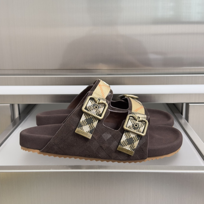 1:1 quality version Double Buckle Plaid Strap Adjustable Thick Platform Slide Sandals For Couples 6 colors 29285503
