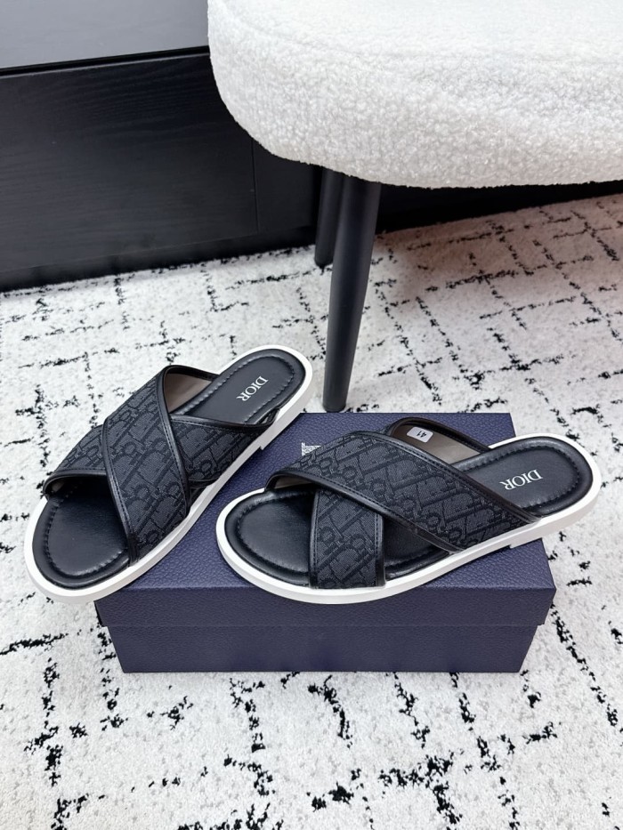 [Plus-size shoes]1:1 quality version Oblique Jacquard Cross Strap Leather Flip Flops Slippers 3 colors 29285546