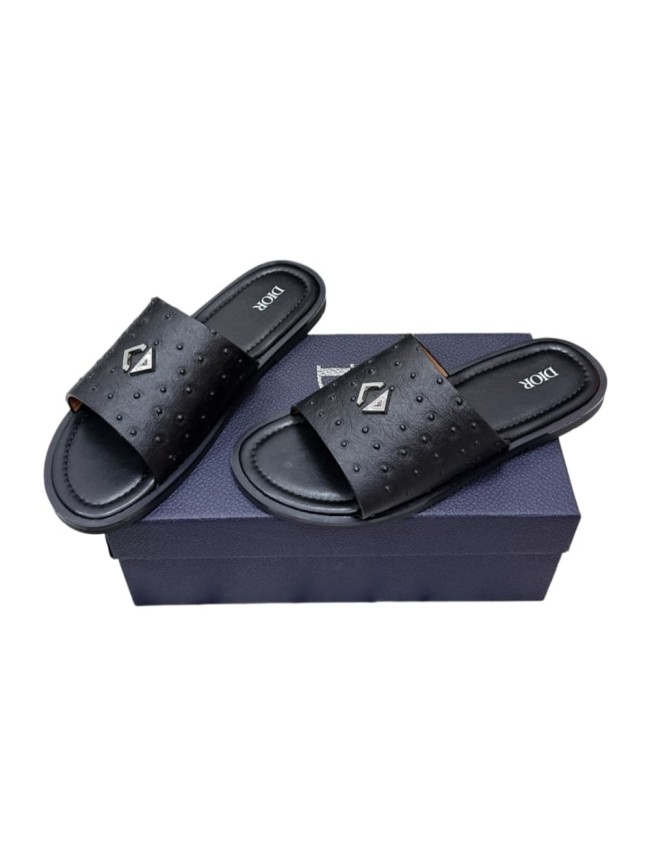 [Plus-size shoes]1:1 quality version Ostrich Grain Leather Single Strap Metal Decor Slide Sandals 3 colors 29285566