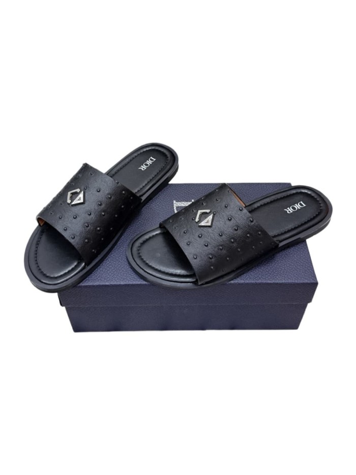 [Plus-size shoes]1:1 quality version Ostrich Grain Leather Single Strap Metal Decor Slide Sandals 3 colors 29285566