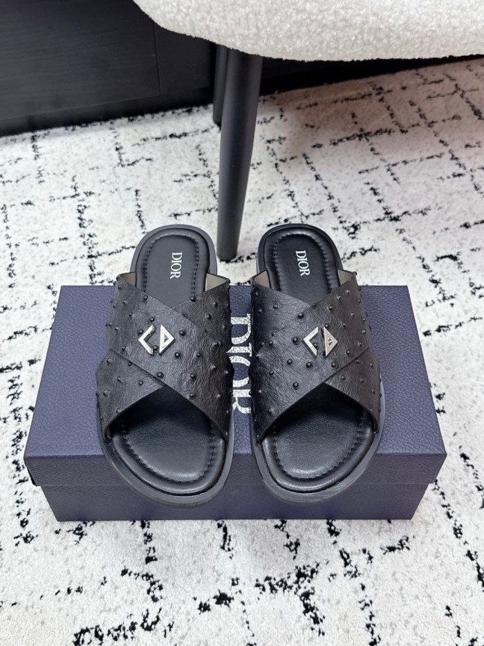 [Plus-size shoes]1:1 quality version Ostrich Grain Leather Cross Strap Metal Decor Slide Sandals 3 colors 29285559