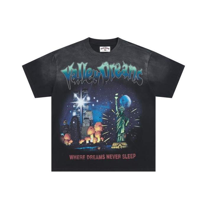 New York Night City Statue Of Liberty Starry Sky Where Dreams Never Sleep Double Sided Print Oversized Washed Tee 29288556
