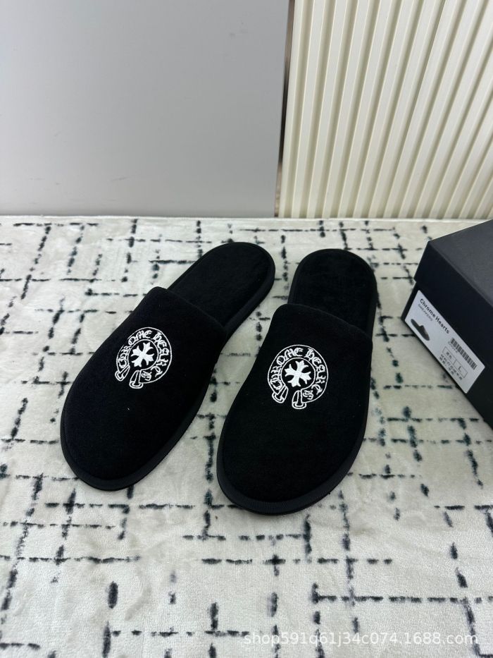 1:1 quality version Cross Letter Embroidery Fleece Closed Toe Slippers 2 colors