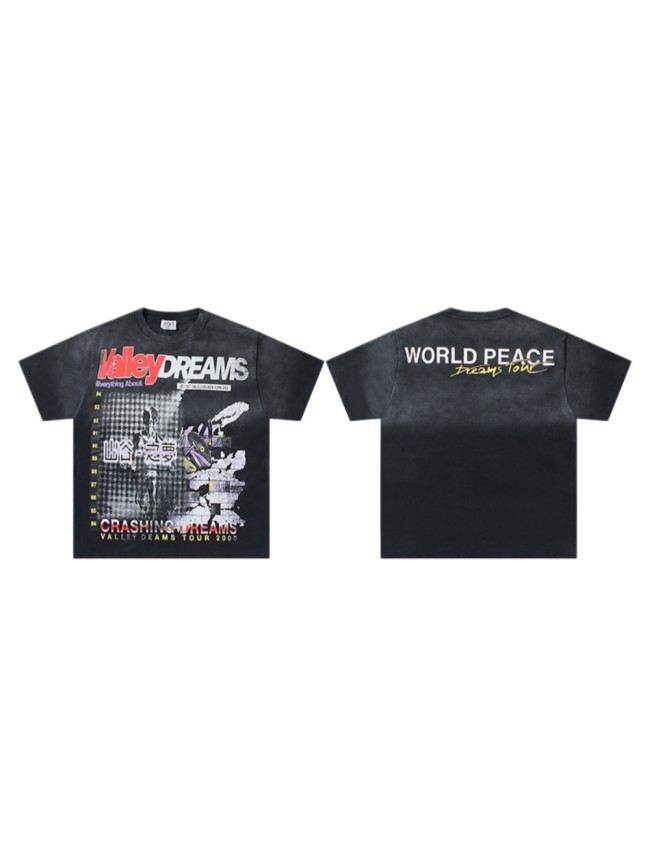 Tour Chinese Characters Crashing Dreams World Peace Double Sided Print Oversized Washed Tee 29288358