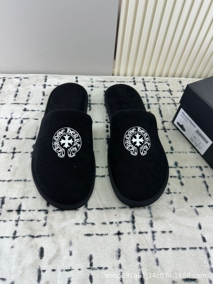 1:1 quality version Cross Letter Embroidery Fleece Closed Toe Slippers 2 colors