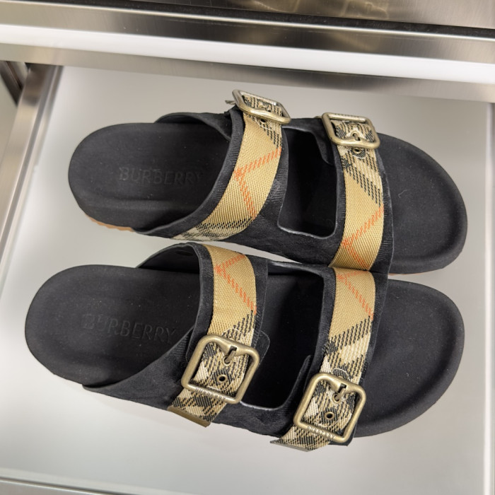 1:1 quality version Double Buckle Plaid Strap Adjustable Thick Platform Slide Sandals For Couples 6 colors 29285503