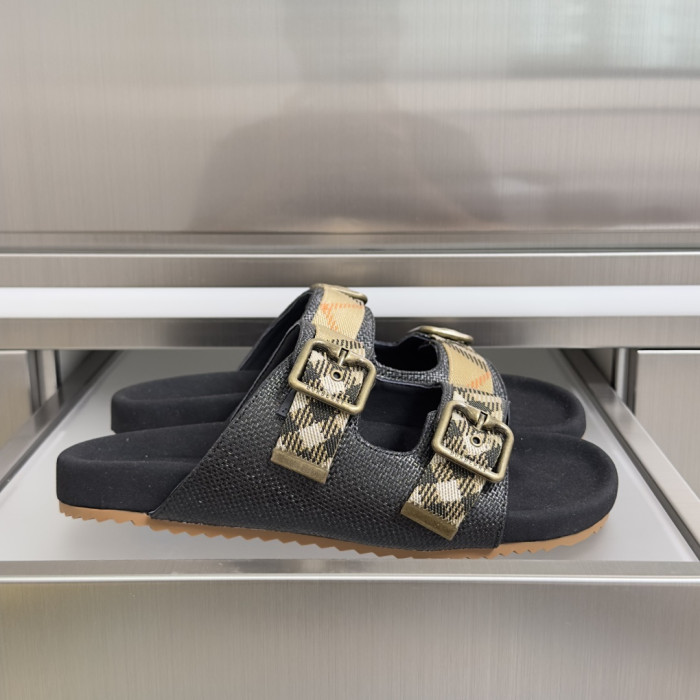 1:1 quality version Double Buckle Plaid Strap Adjustable Thick Platform Slide Sandals For Couples 6 colors 29285503