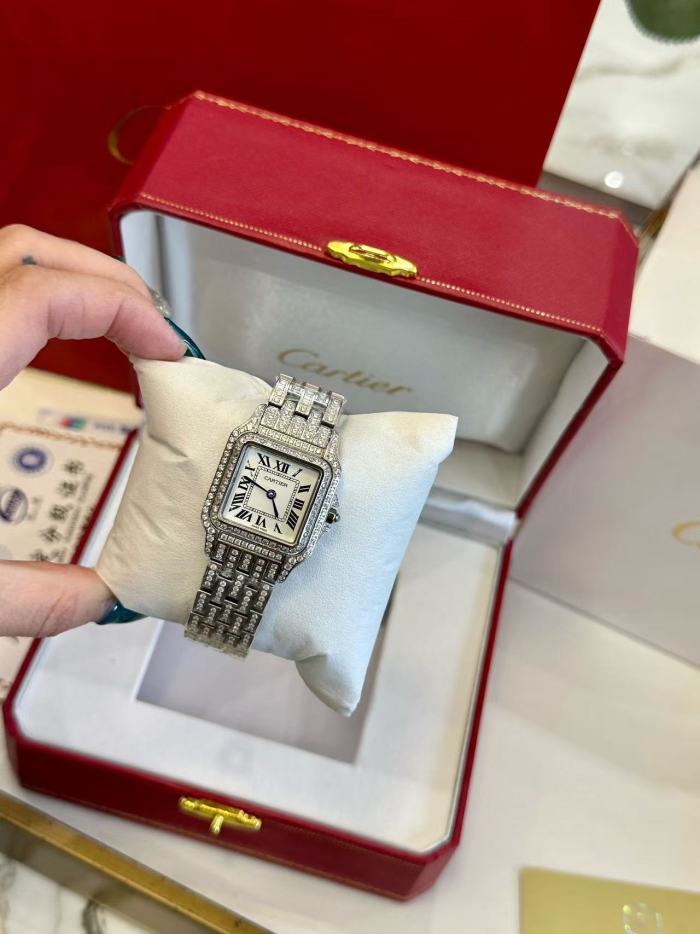 Panthère Series Fully Paved Round Diamonds Steel Bracelet Quartz Watch【Dial size: 24x28 mm】2 colors 29303920