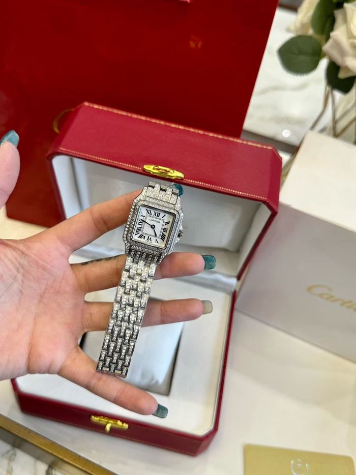 Panthère Series Fully Paved Round Diamonds Steel Bracelet Quartz Watch【Dial size: 24x28 mm】2 colors 29303920