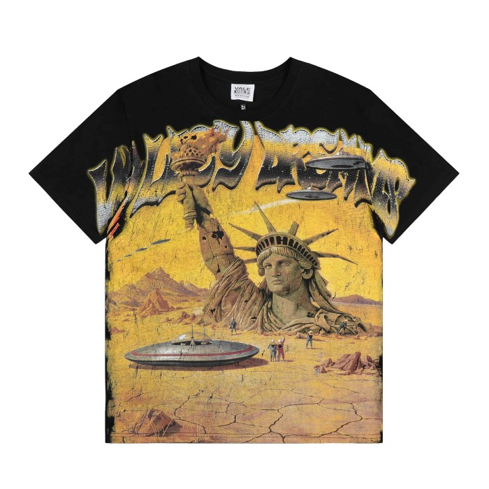 Vintage Crack Print Graffiti Letter Destroyed Statue Liberty UFO Desert Front Print Washed Tee 2 colors 29305188