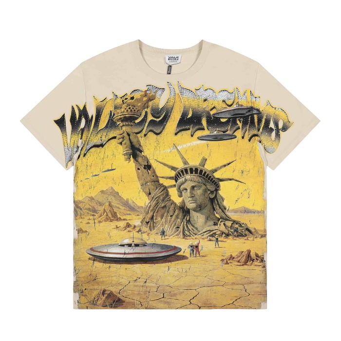 Vintage Crack Print Graffiti Letter Destroyed Statue Liberty UFO Desert Front Print Washed Tee 2 colors 29305188