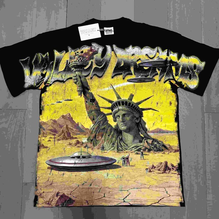 Vintage Crack Print Graffiti Letter Destroyed Statue Liberty UFO Desert Front Print Washed Tee 2 colors 29305188