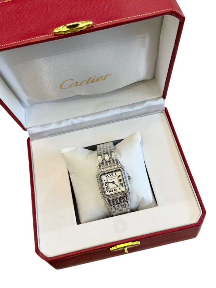 Panthère Series Fully Paved Round Diamonds Steel Bracelet Quartz Watch【Dial size: 24x28 mm】2 colors 29303920