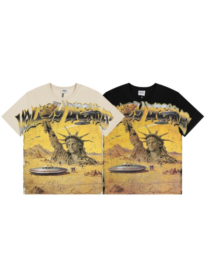 Vintage Crack Print Graffiti Letter Destroyed Statue Liberty UFO Desert Front Print Washed Tee 2 colors 29305188