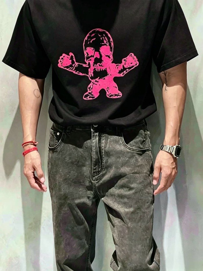 1:1 quality version Fluorescent Pink Skull Print Tee 2 colors 29306212