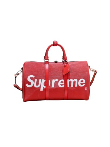 Red Textured Leather Travel Duffel Bag Street Logo Print Barrel Duffle Bag 29306469
